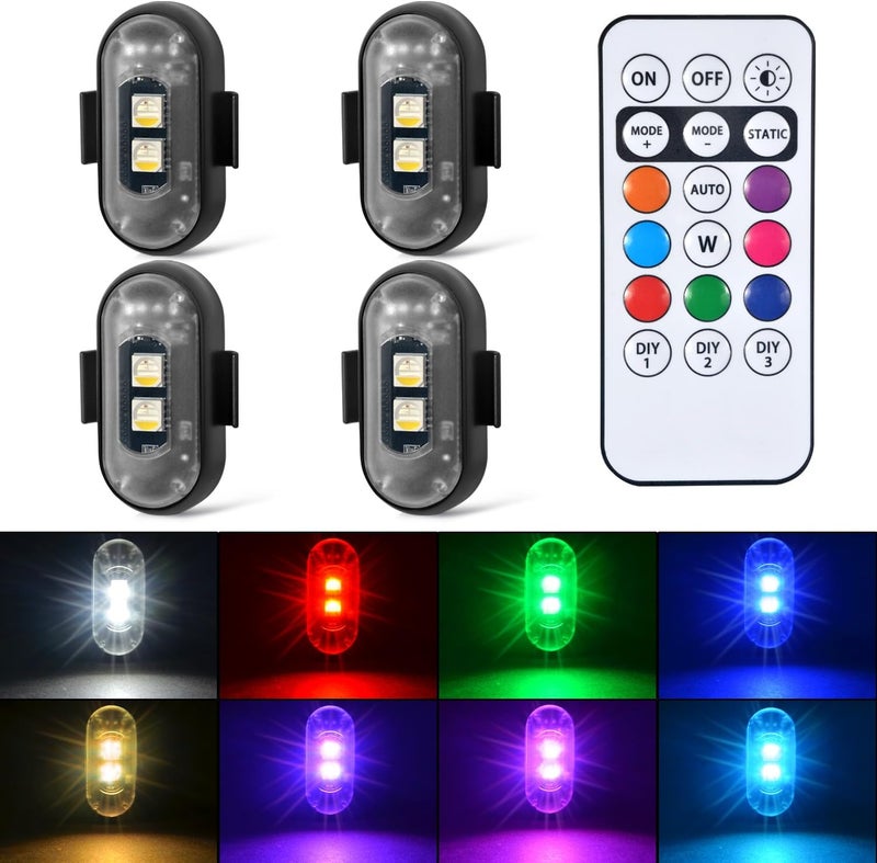 Aukmak 4PCS Wireless LED Strobe Lights with Remote Control, 8 Colors Rechargeable Led Lights Anti-Collision LED Emergency Warning Lights for Car Motorcycle Bike Drone Aircraft - Image 1